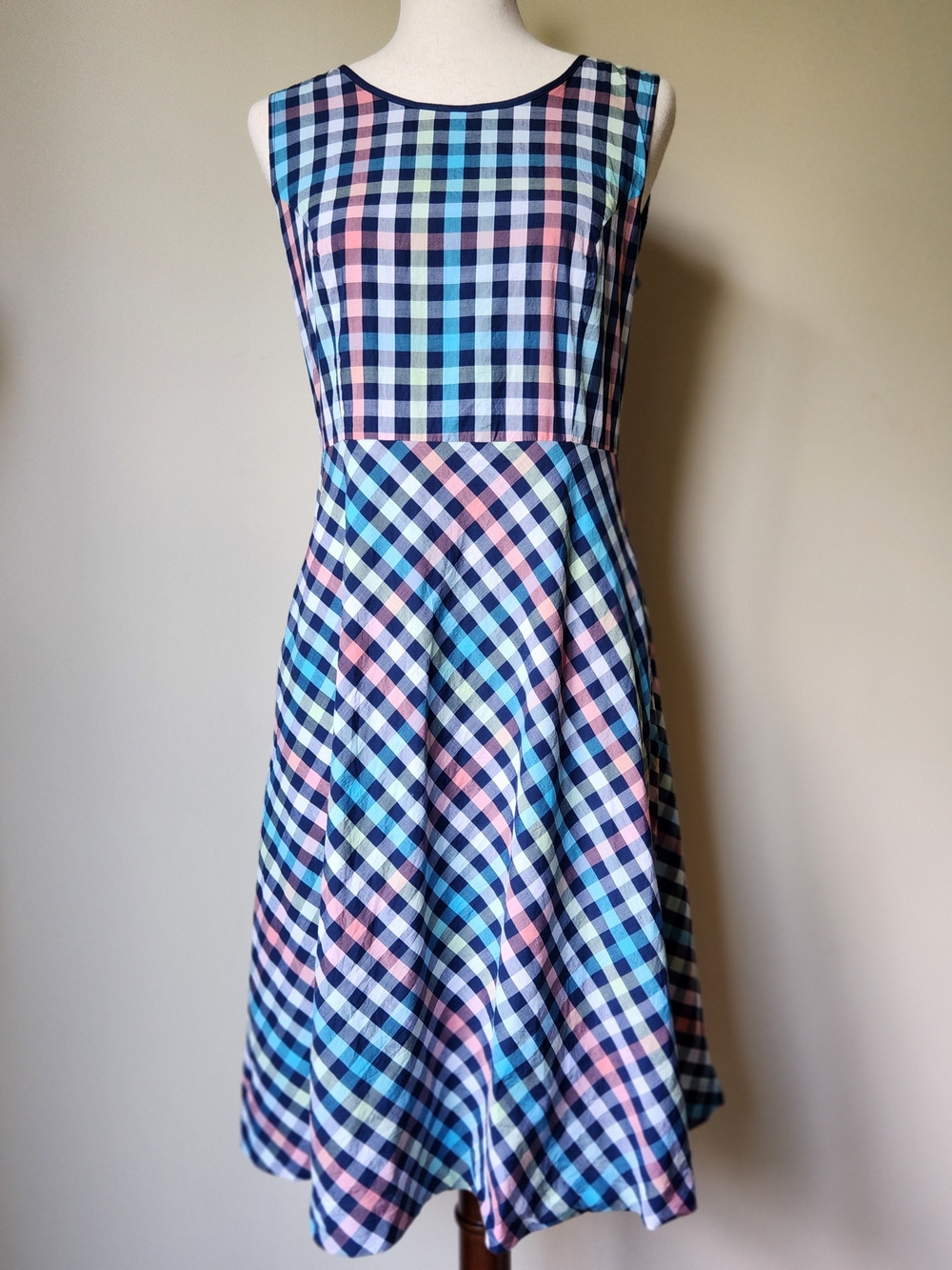 Talbots Pastels Rainbow Gingham Plaid Fit & Flare Midi Dress Size 8 Pockets